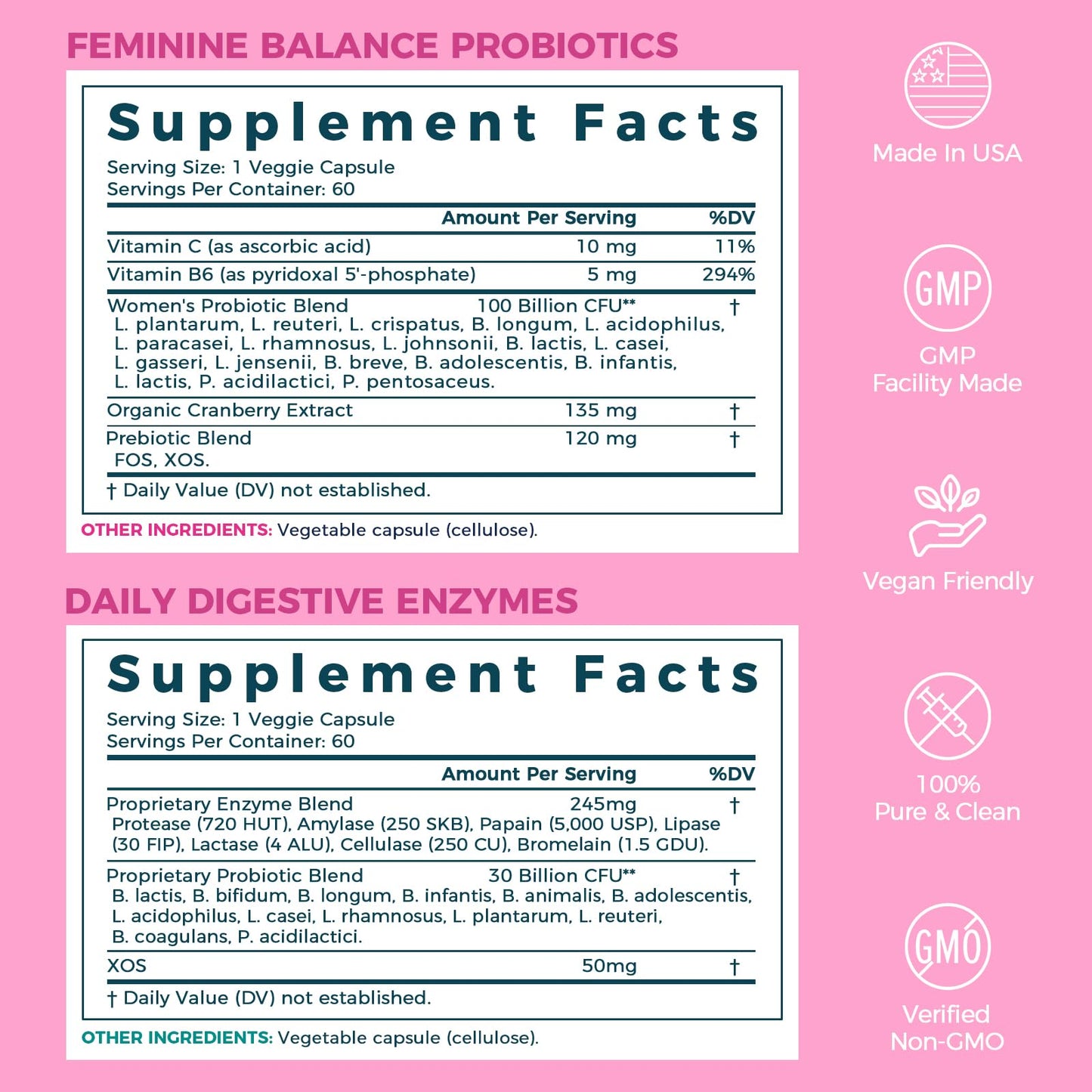 NewRhythm Digestion & Feminine Health Bundle Probiotics, Prebiotics, Digestive Enzymes, Cranberry, Vitamin C & B6, 120 Capsules
