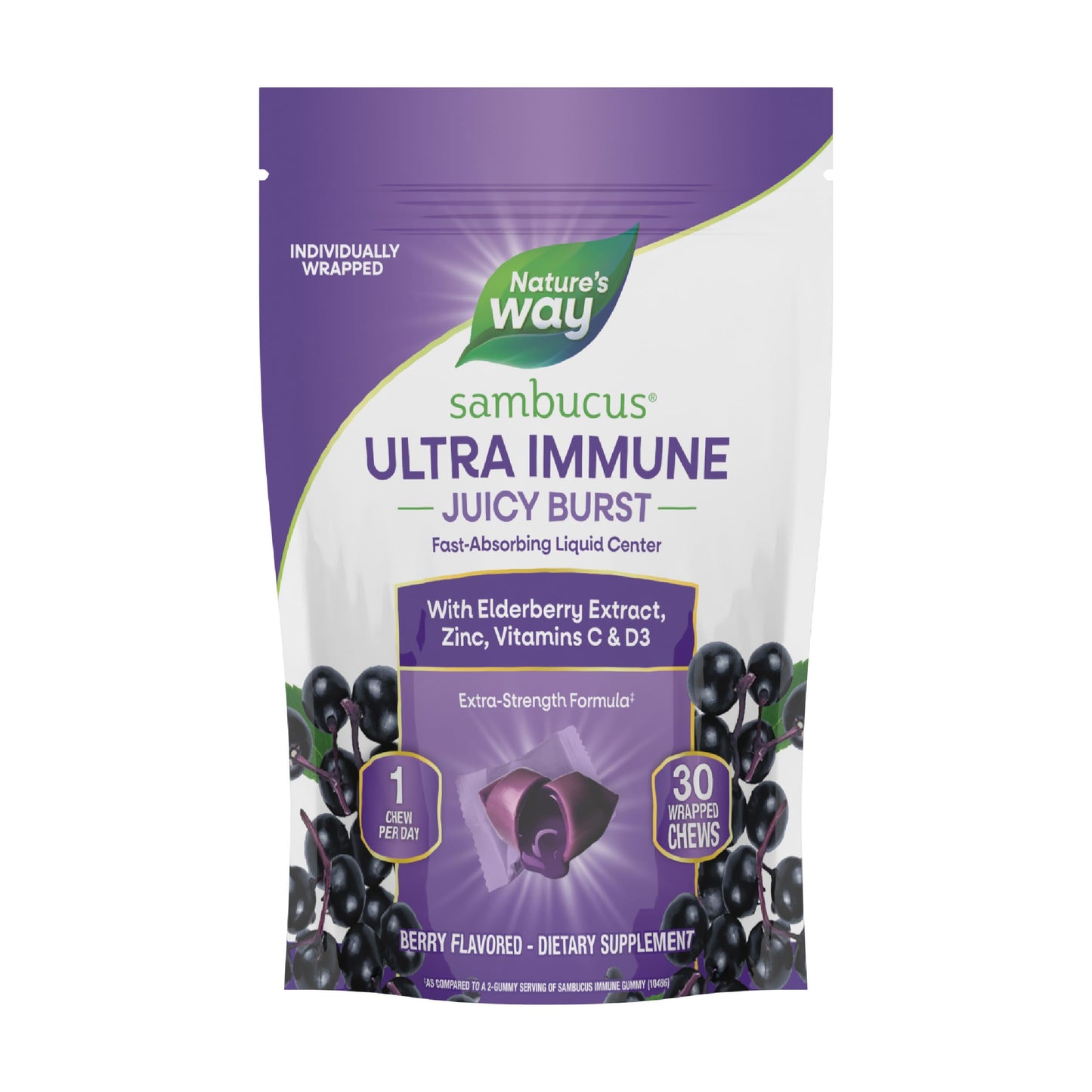 Nature's Way Sambucus Ultra Immune Juicy Burst Extra-Strength Formula Immune Support, Vitamin D3, Vitamin C and Zinc, Elderberry Extract Gummies 30