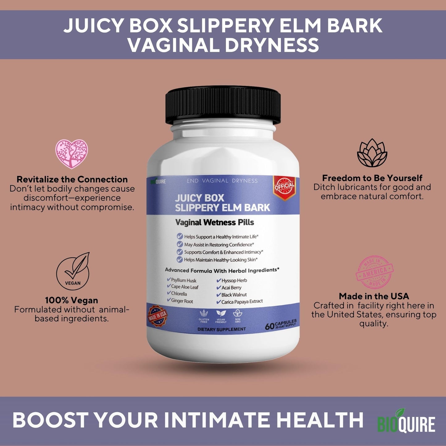 BIOQUIRE Juicy Box Slippery Elm Bark Vaginal Wellness Supplement Capsule, 60 Veggie Capsules