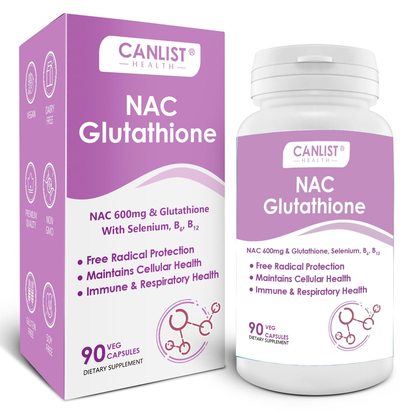 CANLIST NAC Supplement (N-Acetyl Cysteine) 600mg with Glutathione 400mg Capsules, 90 Count