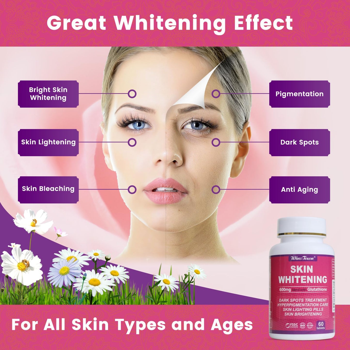 AIHIYO Skin Whitening Pill 600mg Glutathione Supplement for Dark Spots, Melasma & Acne Scar Remover, 60 Tablets