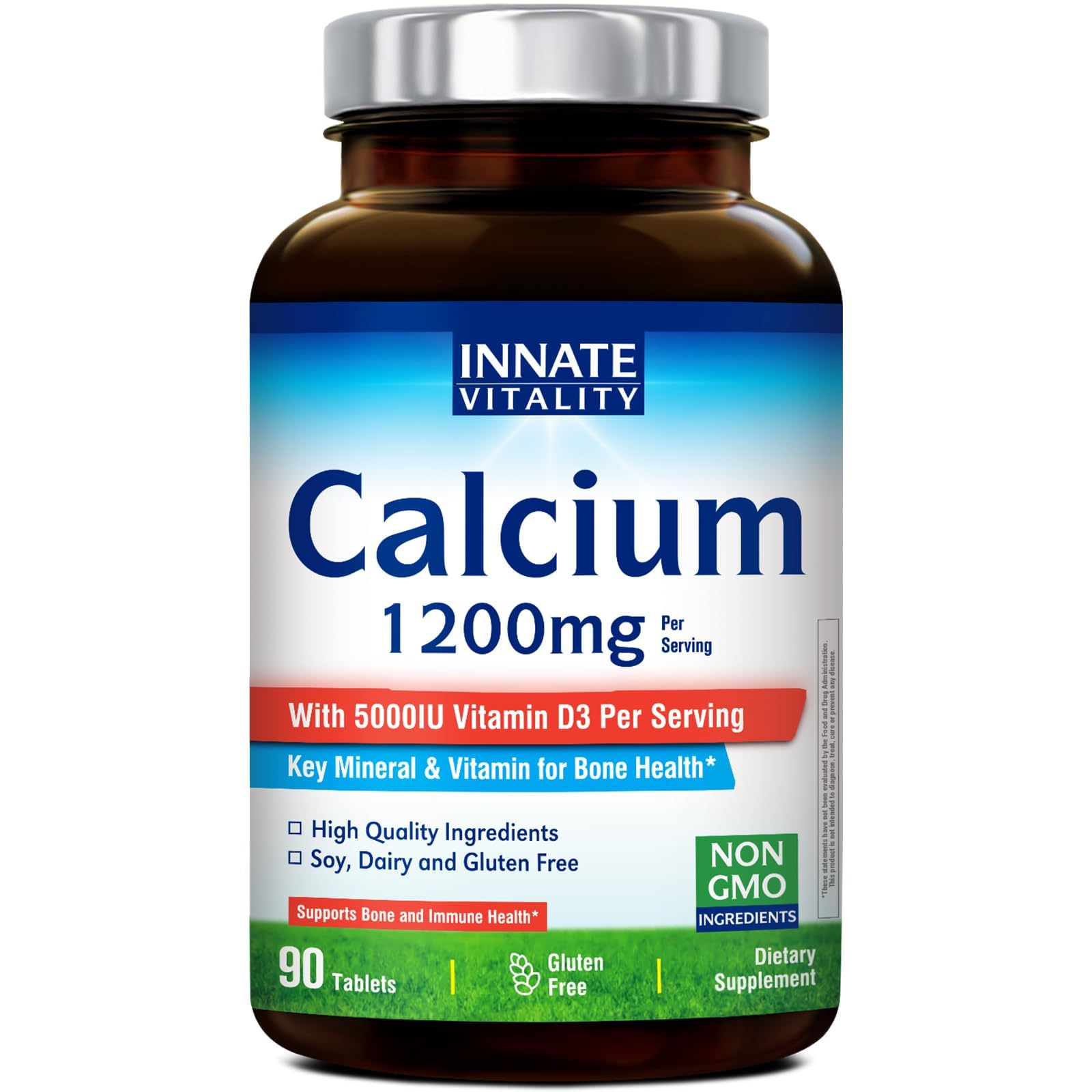 Innate Vitality Calcium 1200 mg with Vitamin D3 (5000 IU), Absorbable Calcium Supplement, 90 Tablets