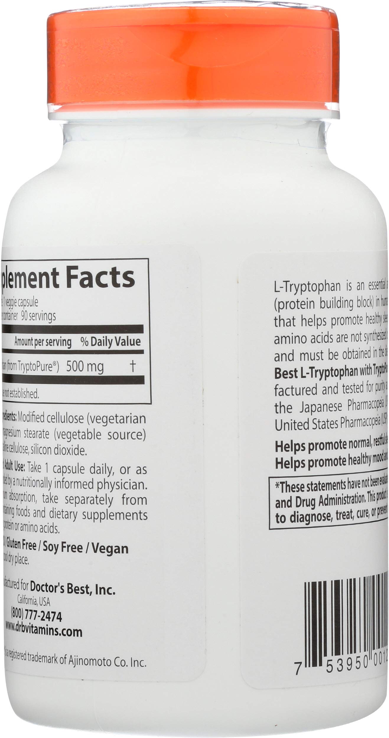 Doctor's Best L-Tryptophan 500 mg Capsule, 90 Capsules