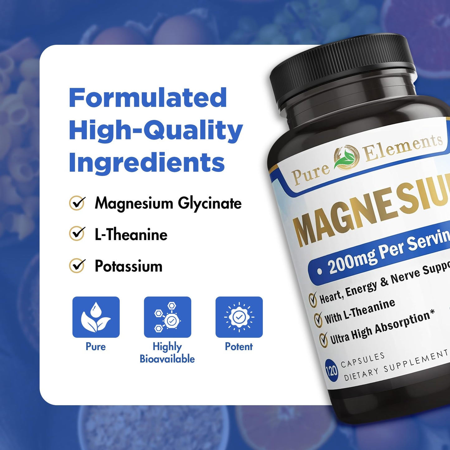 Pure Organic Elements Magnesium Glycinate with Potassium, L-Theanine 120 Capsules