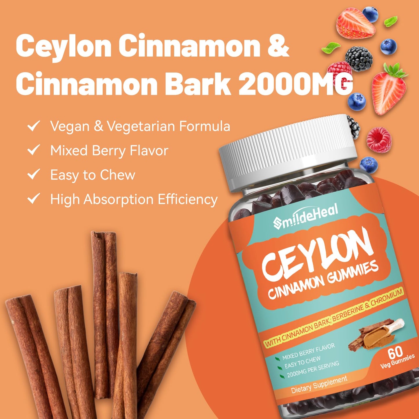 SmildeHeal Sugar Free Ceylon Cinnamon Gummies 2000MG Cinnamon Supplement with Chromium and Cinnamon Bark, Vegan, Non-GMO, Gluten Free, 60 Gummies