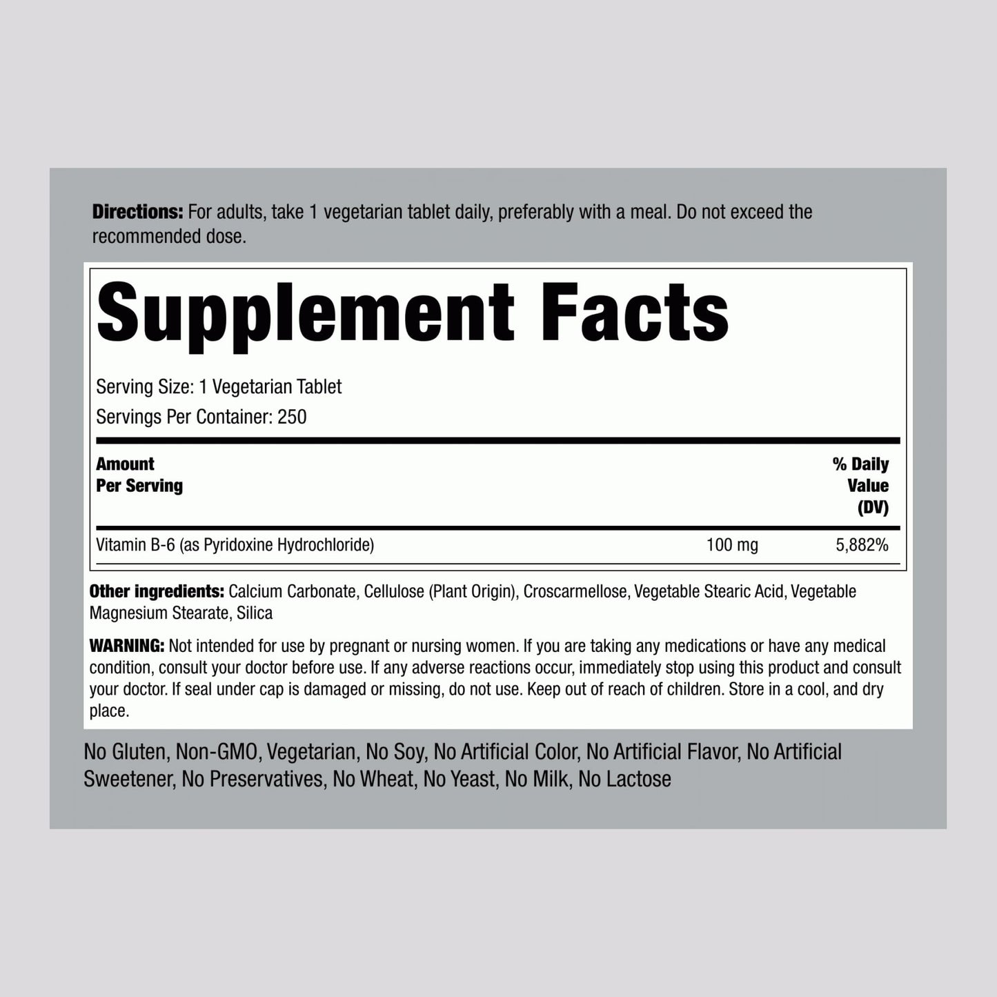 Piping Rock Vitamin B6 100mg Tablets, 250 Count