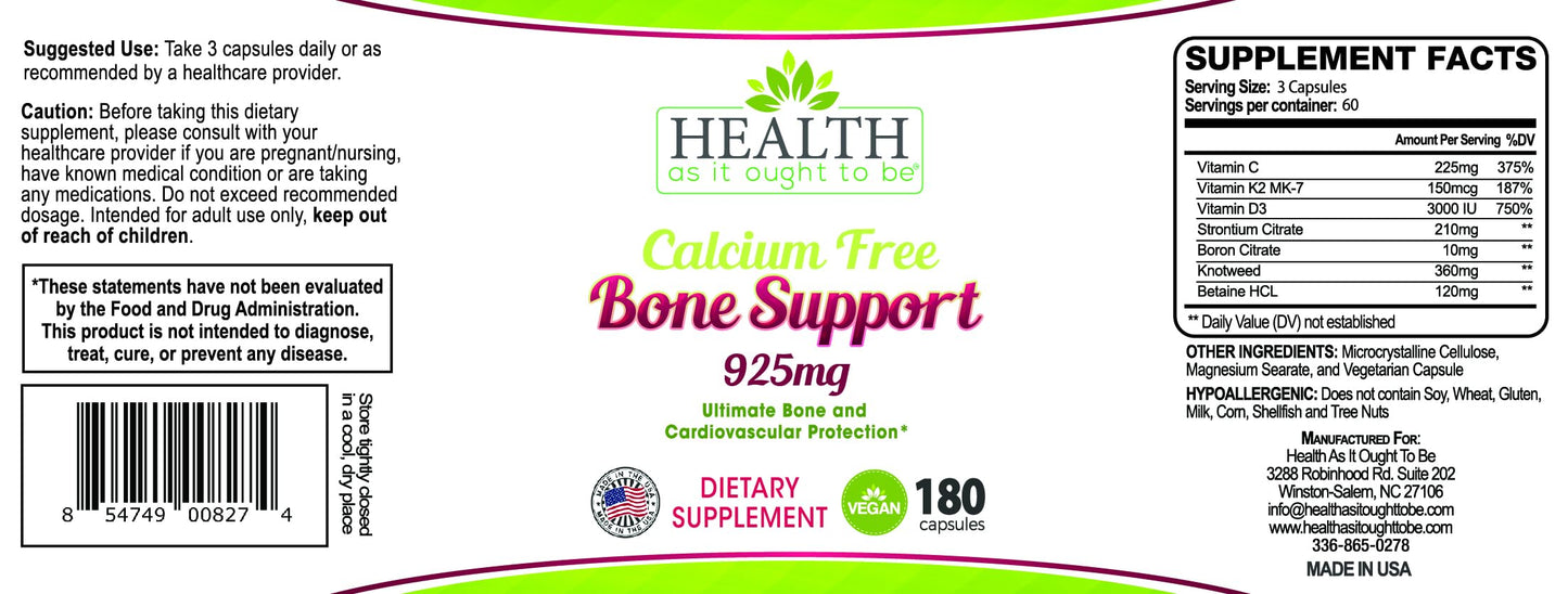 Health As It Ought To Be Calcium Free Bone Support Supplement 180 Capsules
