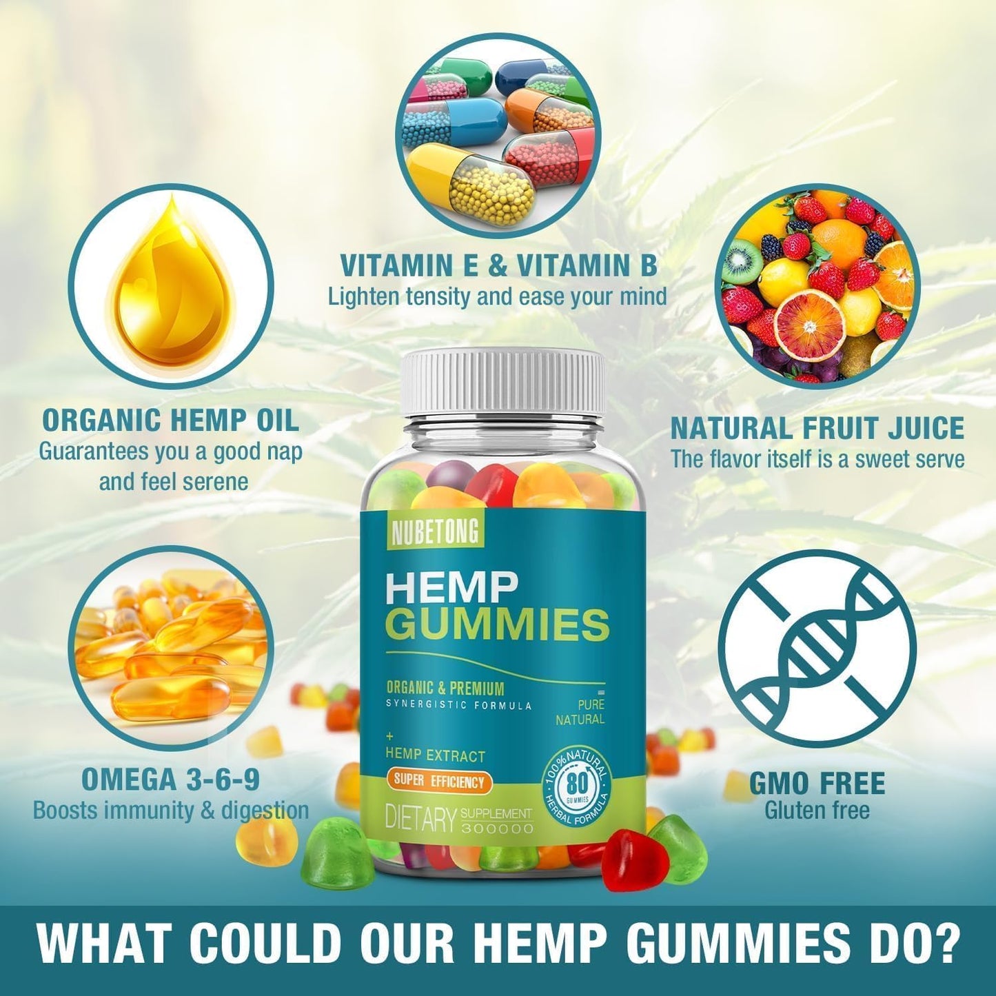 Nubetong Hemp Gummies High Potency Extra Strength Hemp Oil Extract Organic Edible Gummy Supplement for Sleep, Pain, Anxiety, 80 Count