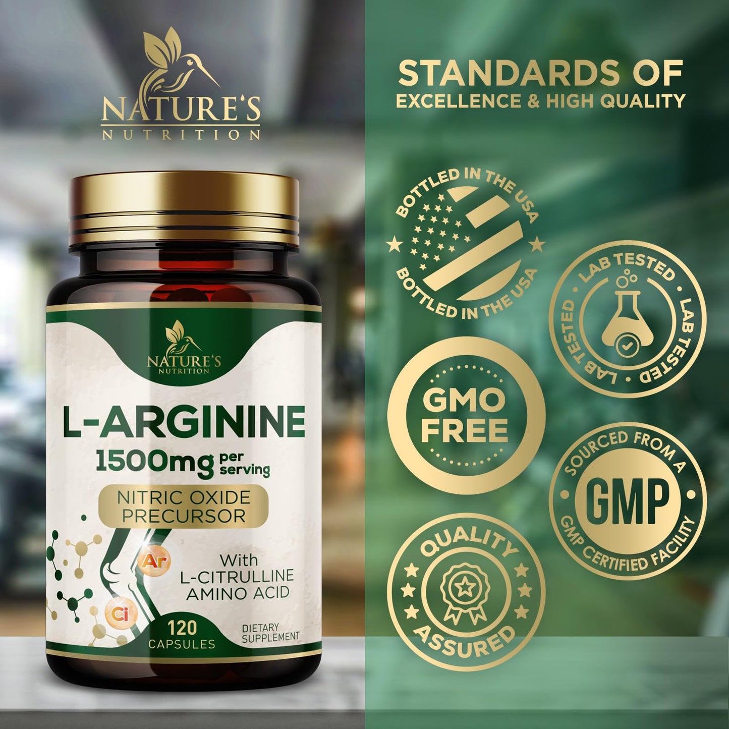 Nature's Nutrition L-Arginine Extra Strength Supplement with L-Citrulline - Muscle Supporting Natural Nitric Oxide Precursor Booster - Heart Health Support - Amino Acid Energy Blend for Men, 120 Capsules