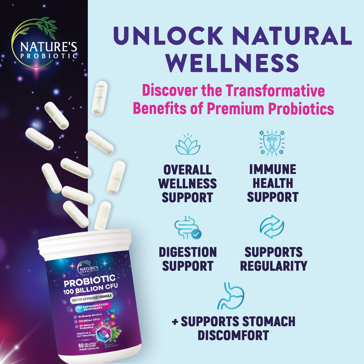 Nature's Probiotic Probiotics for Digestive Health - Probiotic Blend 100 Billion CFU Per Capsule, 16 Premium Strains & Prebiotics, 60 Capsules