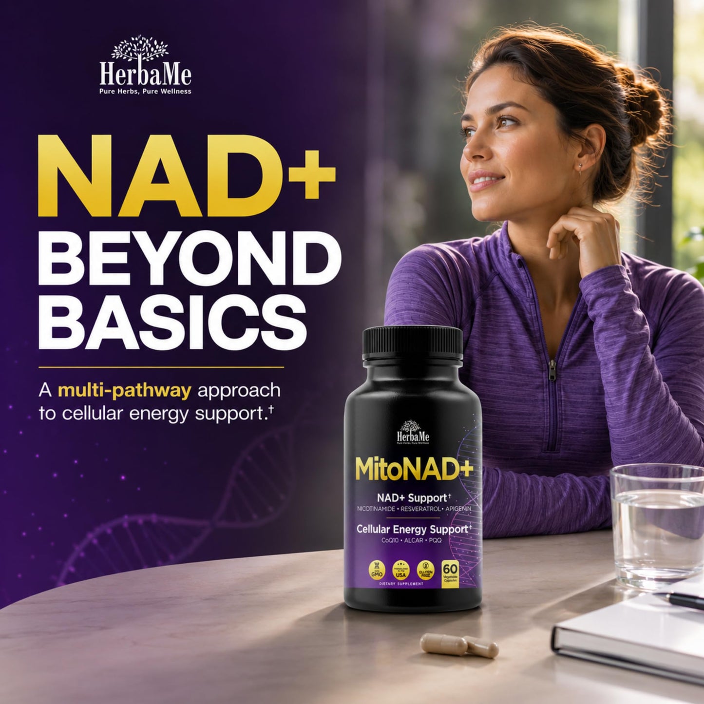 HerbaMe NAD+ Support Supplement, Multi-Pathway Cellular Energy Formula Capsule 60 Count