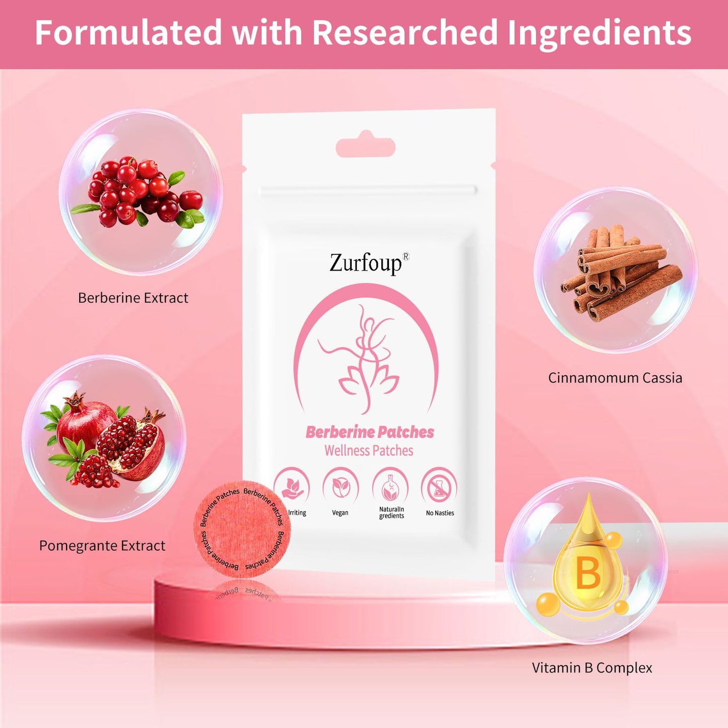 Zurfoup Berberine Patches with L-Glutamine, Chromium, Pomegranate and Cinnamon, 8-Hour Long-Lasting Formula Support, Suitable for Men and Women, Tablet, 60 Tablets