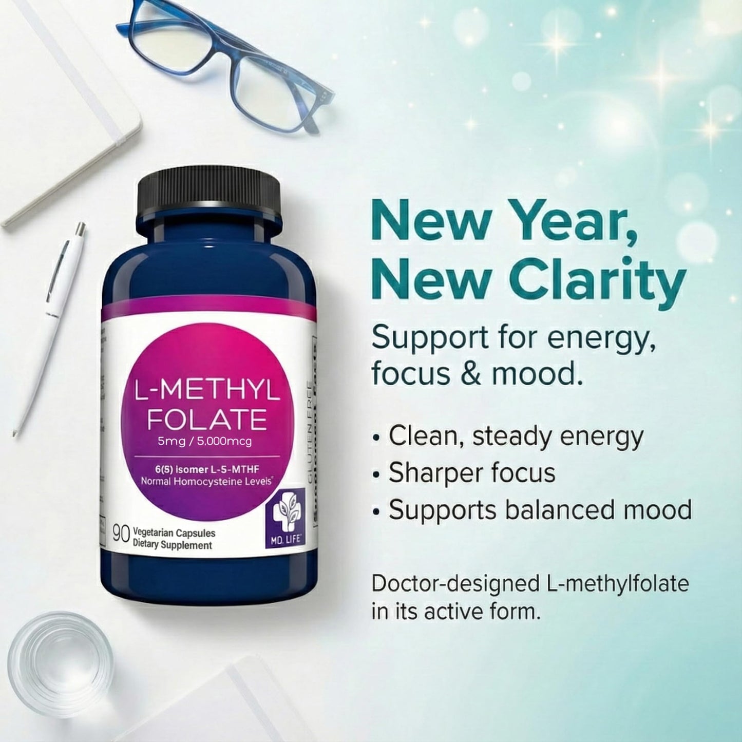 MD.LIFE L-Methylfolate 5mg Capsules, 90 Count