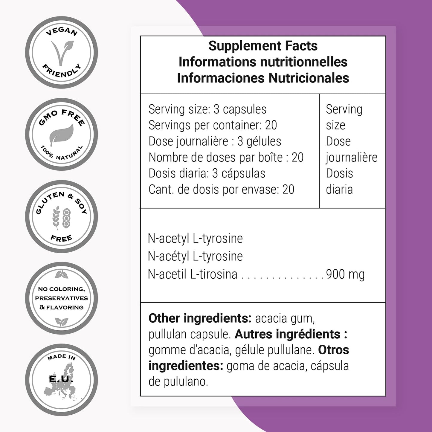 Supersmart N-Acetyl L-Tyrosine Supplement Capsules, 60 Vegetarian Capsules