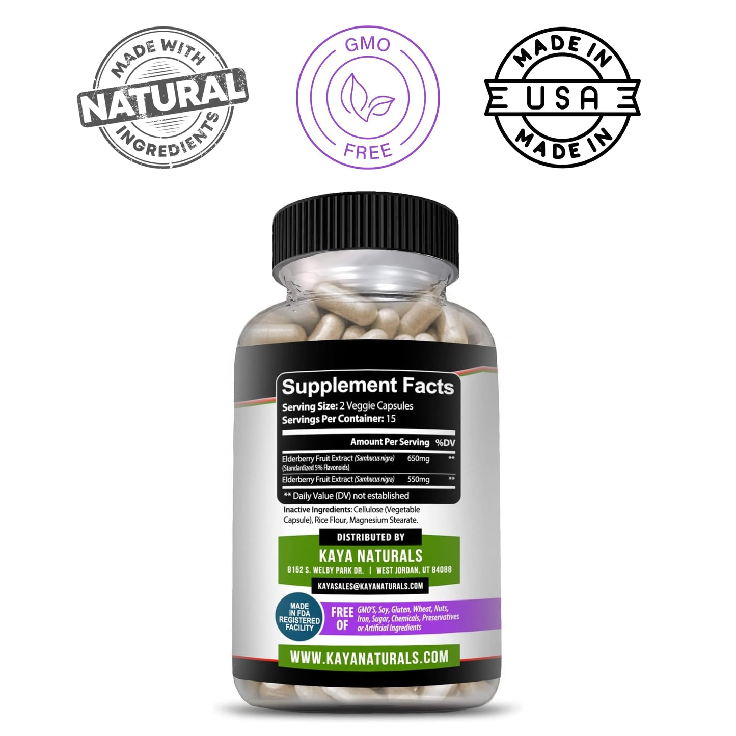 Kaya Naturals Elderberry Immune Support Capsules, Pack of 2