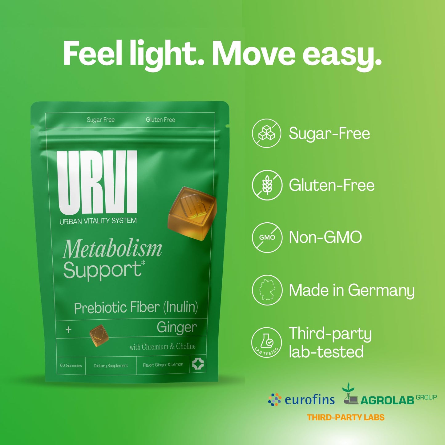 URVI Metabolism Support Gummies with Chromium Picolinate, Inulin Prebiotic Fiber, Ginger Extract & Choline – 60 Gummies