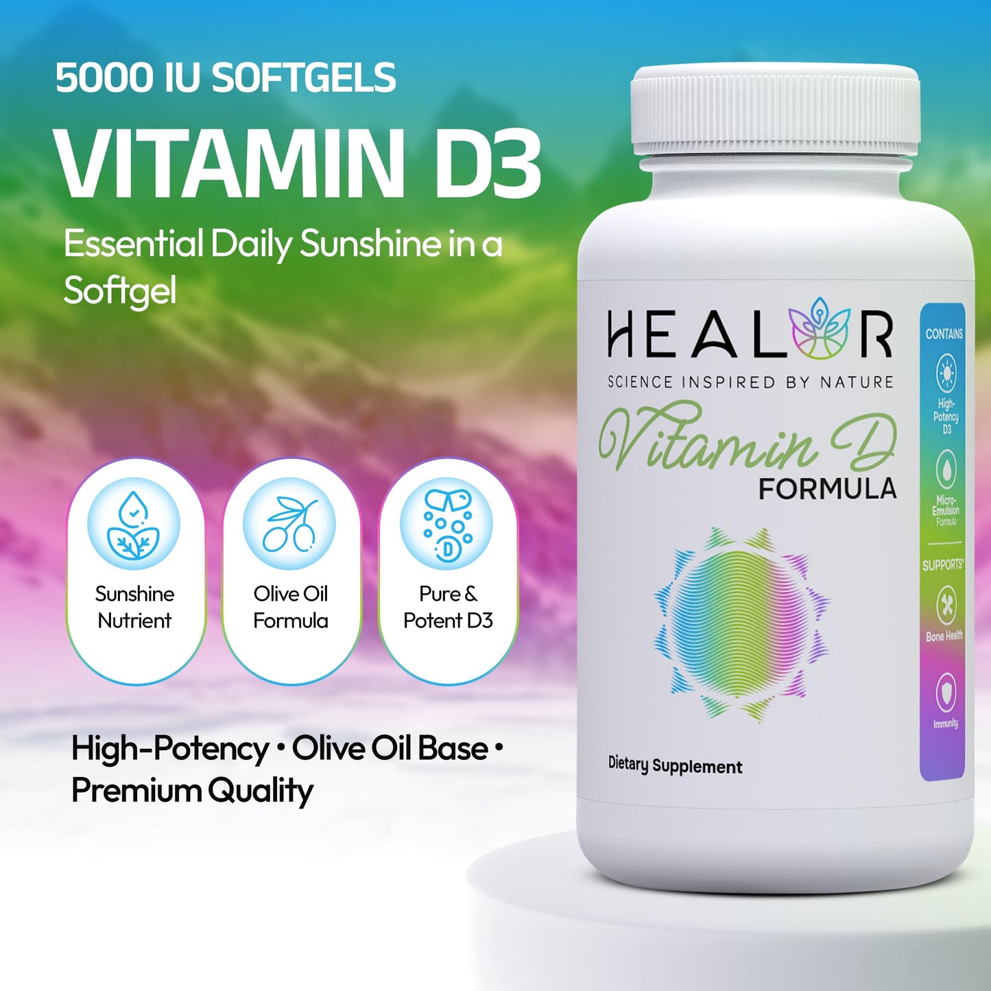 HEALOR Vitamin D3 5000 IU Softgels, High Absorption with Organic Olive Oil for Immune and Bone Health, 90 Count