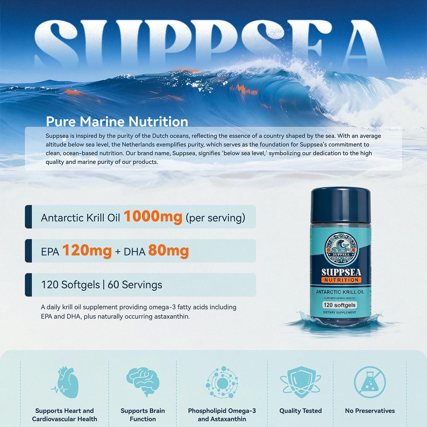 SUPPSEA Antarctic Krill Oil 1,000 mg with Astaxanthin and Phospholipids, Omega 3 Fatty Acid Supplement, Extra Strength EPA & DHA Krill Oil Softgels 120