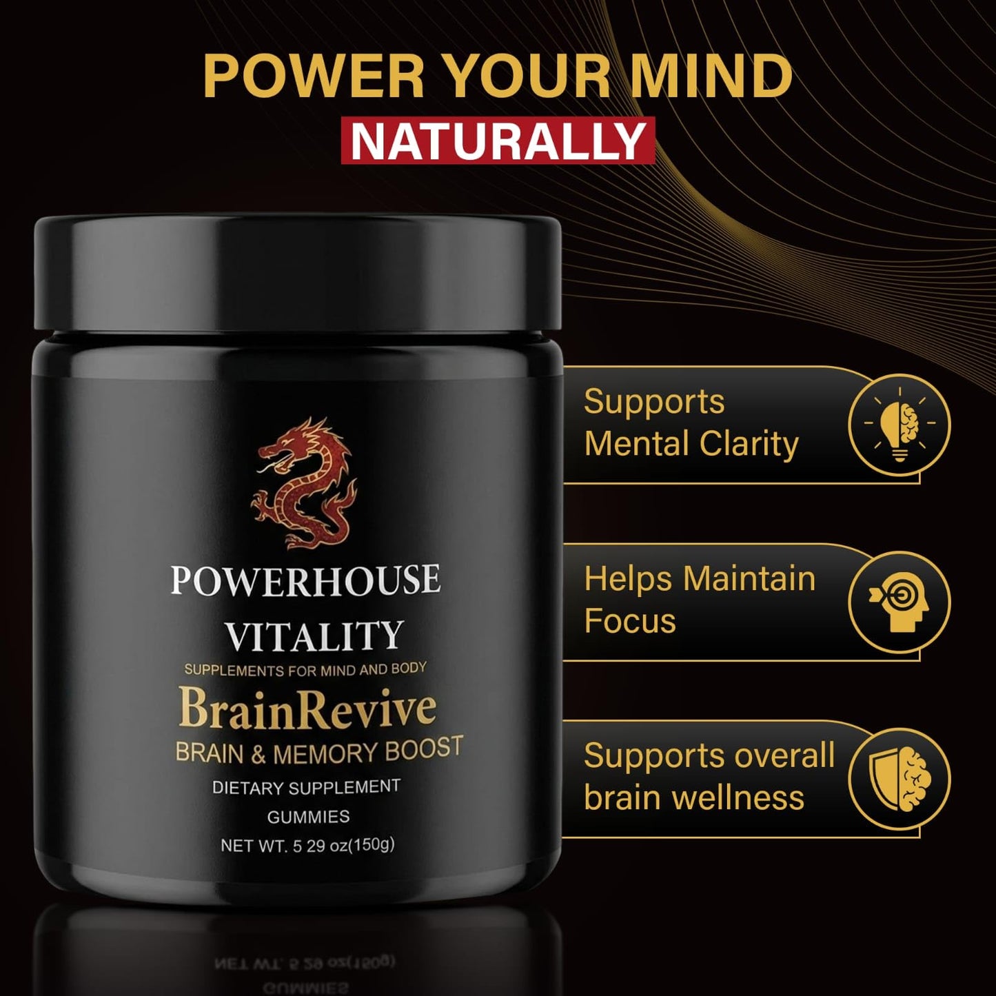 Powerhouse Vitality BrainRevive Lion's Mane Mushroom Gummies for Adults 60 Count