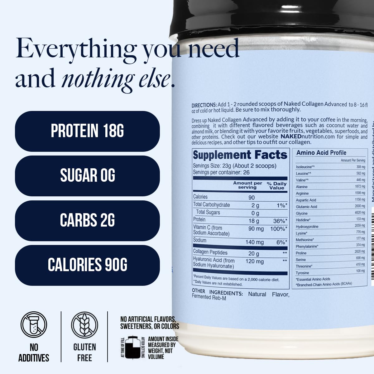 NAKED Vanilla Collagen Advanced - Peptides Protein Powder, Hyaluronic Acid, Vitamin C, Pasture-Raised, Grass-Fed Hydrolyzed Collagen Supplement, Paleo Friendly, Non-GMO, Keto, Gluten Free, 1.3LB