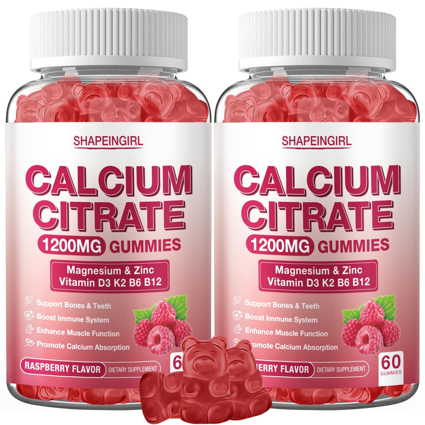 SHAPEINGIRL 1200mg Calcium Citrate with Vitamin D3, K2, B6 & B12, Magnesium & Zinc for Bones, Muscle & Immune Support Gummies, 120 Count