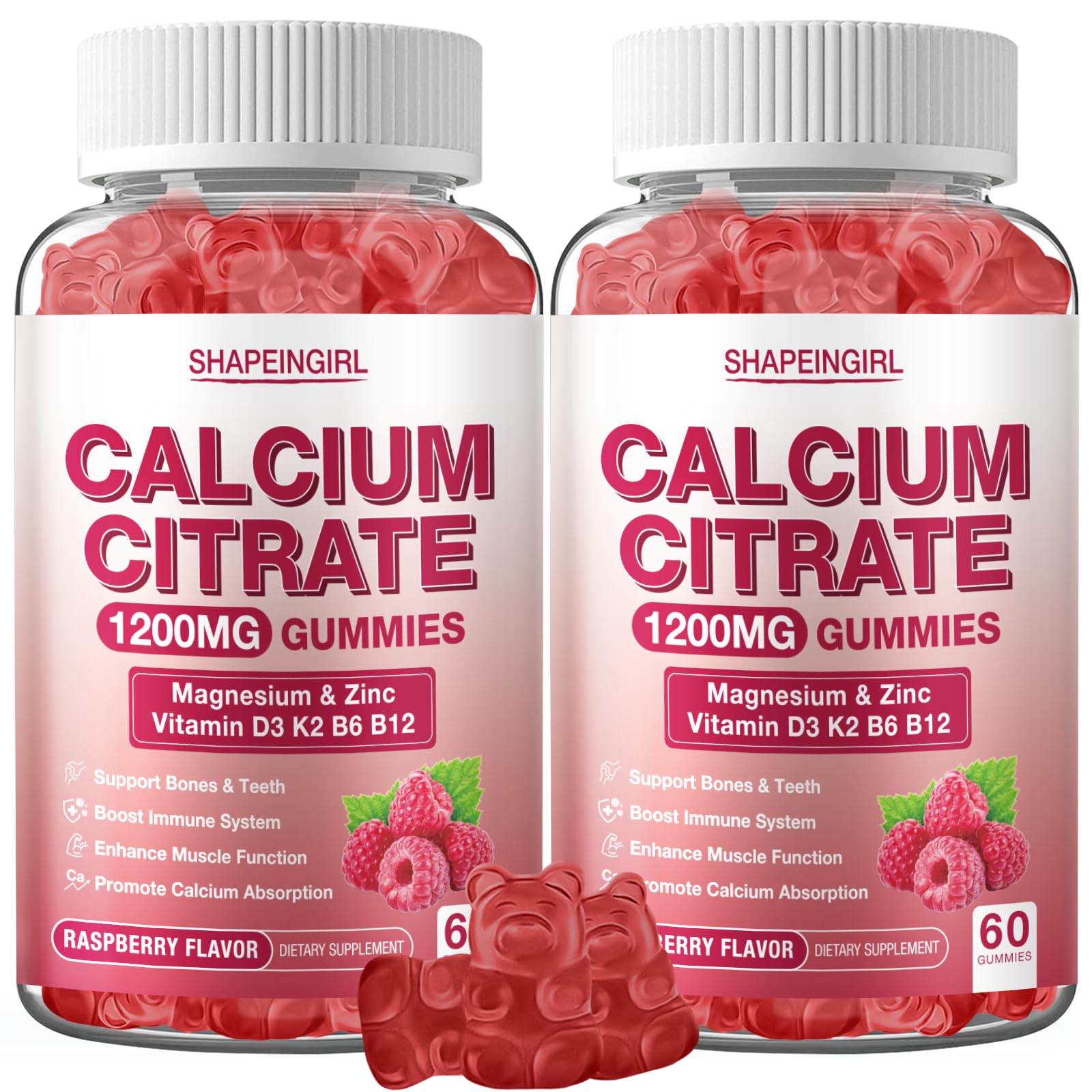 SHAPEINGIRL 1200mg Calcium Citrate with Vitamin D3, K2, B6 & B12, Magnesium & Zinc for Bones, Muscle & Immune Support Gummies, 120 Count