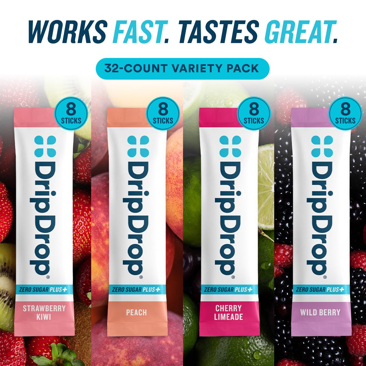 DripDrop Hydration Zero Sugar Plus Electrolyte Packets Powder, 16 Count (Pack of 2)