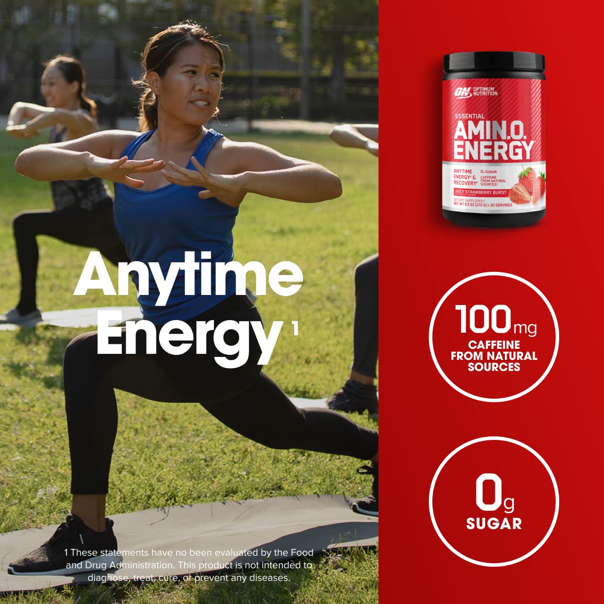 Optimum Nutrition Amino Energy Pre Workout with Green Tea, BCAA, Amino Acids - Juicy Strawberry Burst Powder 9.5 Ounce