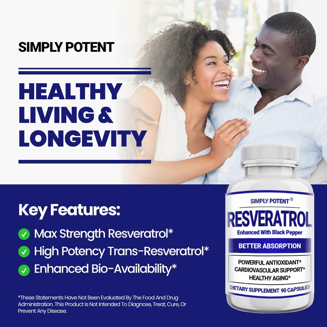 Simply Potent Resveratrol 1000mg Supplement with Black Pepper for Max Absorption, 90 Capsules