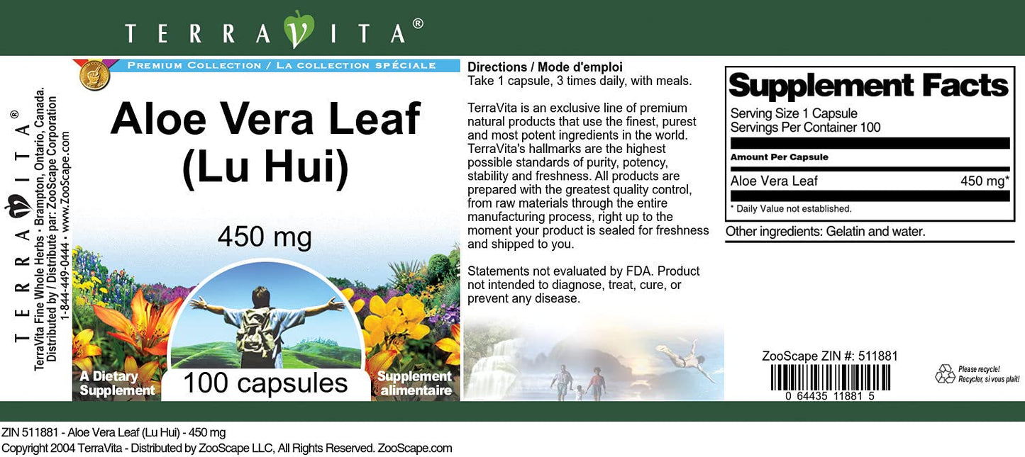 Terravita Aloe Vera Leaf (Lu Hui) - 450 mg Capsules, 100 Count