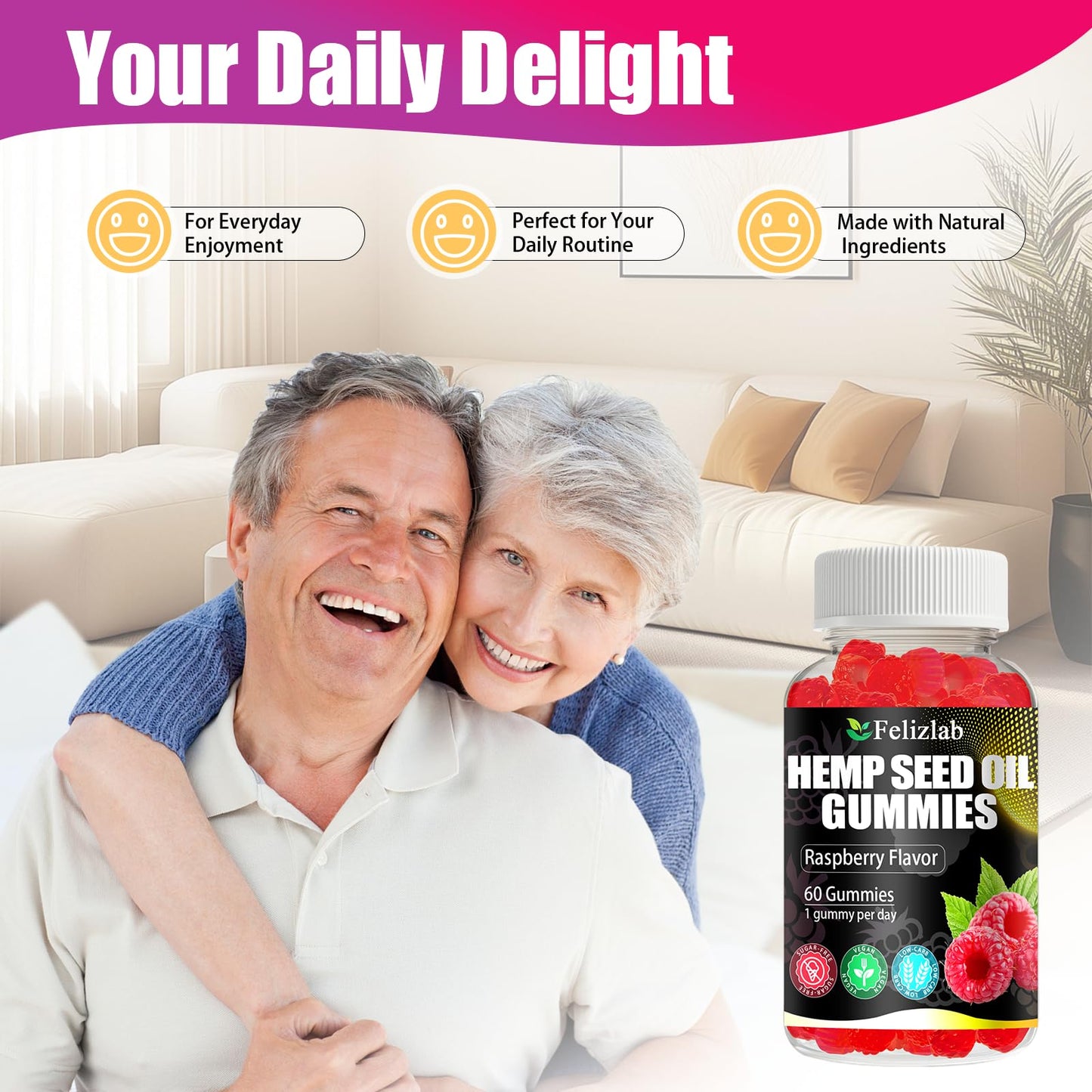 Felizlab Hemp Gummies for Sleep, Pain & Anxiety, Omega-3-6-9 & Vitamin B, 120 Count