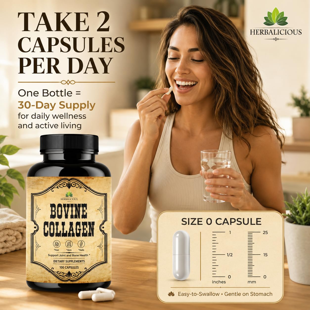 HERBALICIOUS Bovine Collagen Supplements for Men and Women 100 Capsules