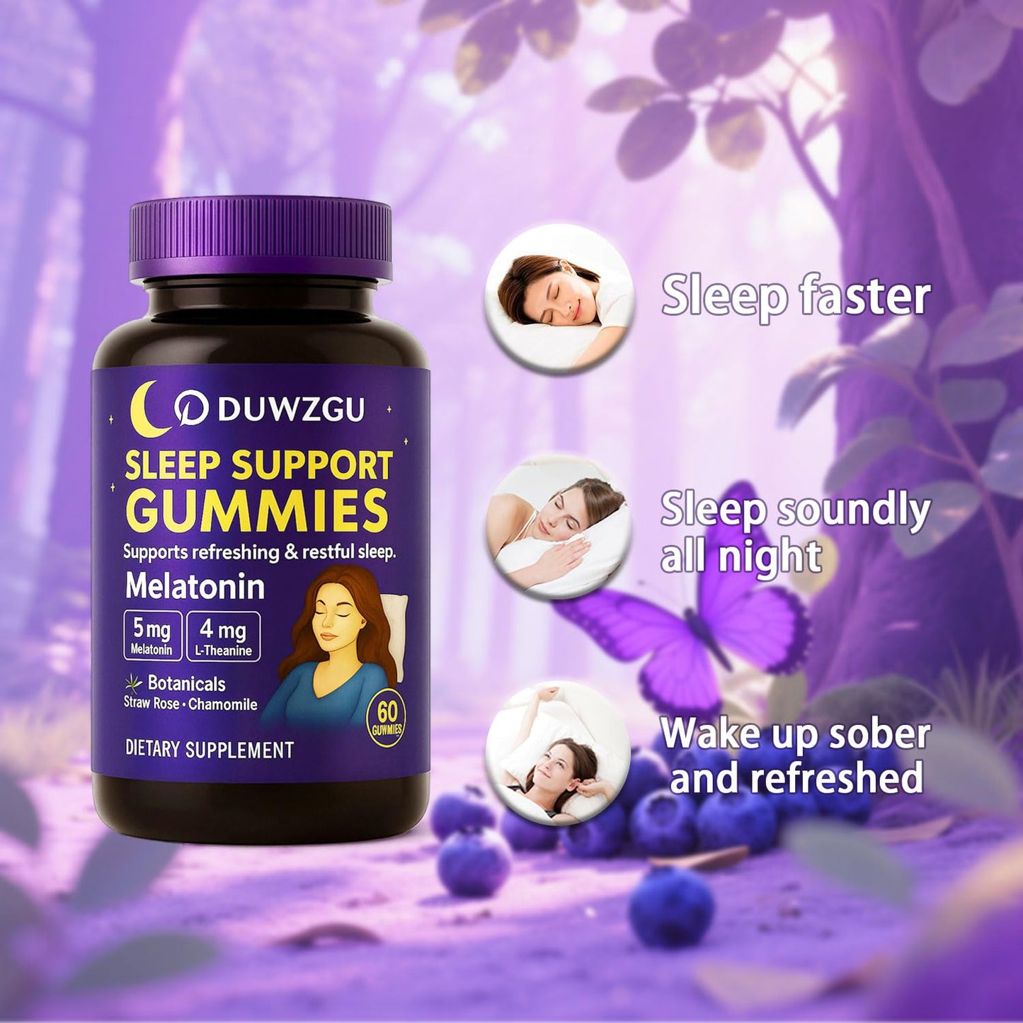 DUWZGU Sleep Gummies for Adults – Melatonin, L-Theanine, Chamomile & Lemon Balm – Berry Flavor – Vegan, Non-GMO – 60 Gummies