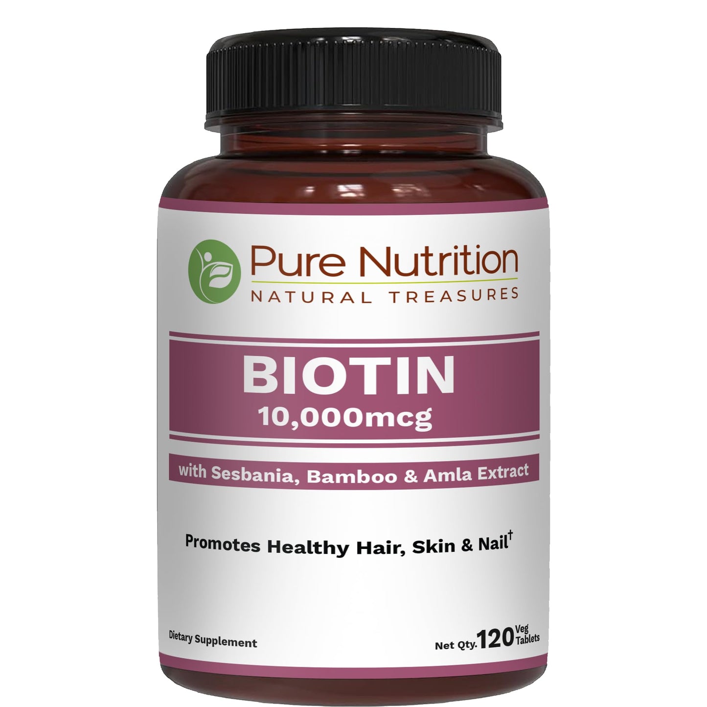Pure Nutrition Natural Treasures Biotin 10000mcg with Sesbania, Bamboo & Amla Extract Tablets, 120 Count