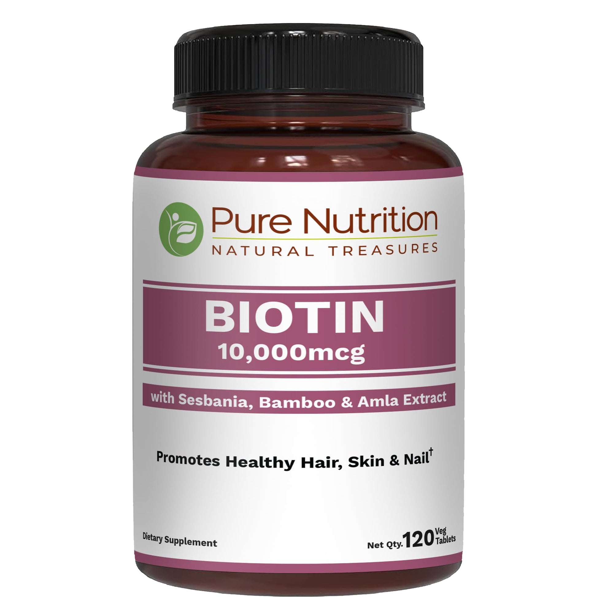 Pure Nutrition Natural Treasures Biotin 10000mcg with Sesbania, Bamboo & Amla Extract Tablets, 120 Count