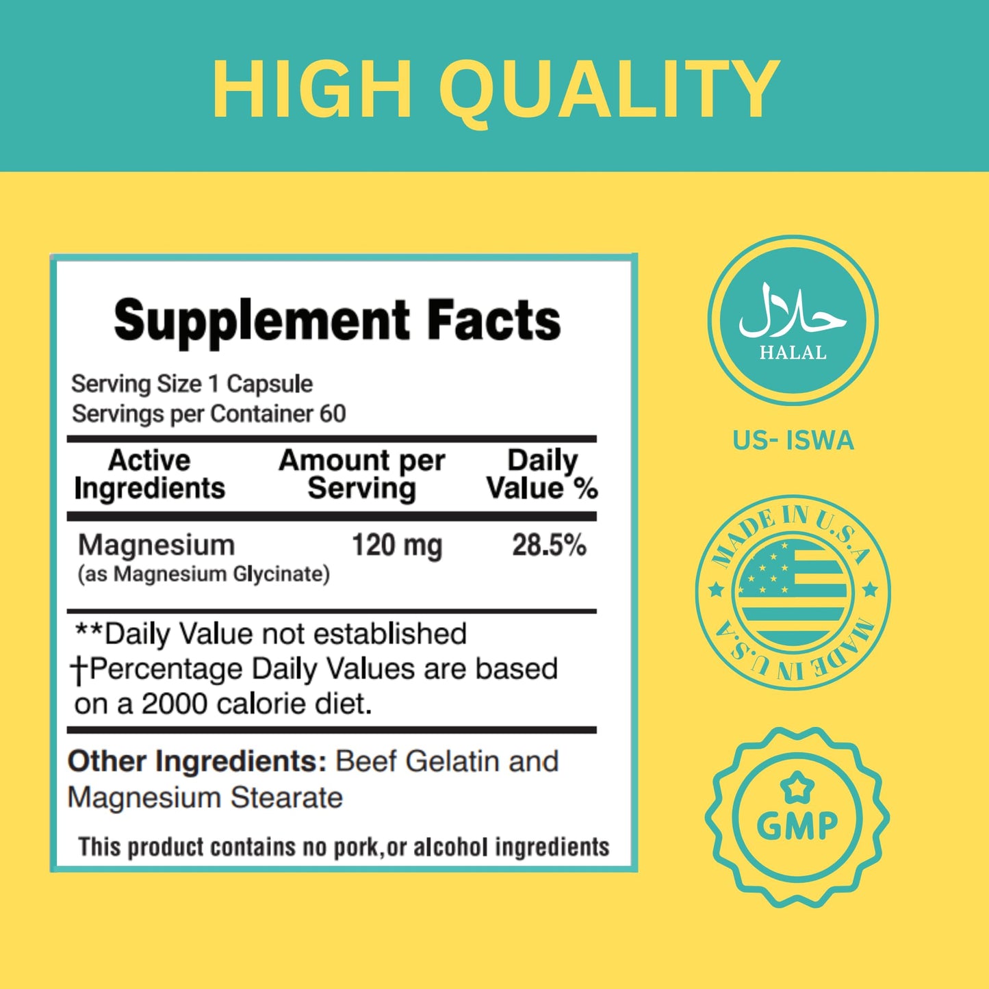GREEN FIELD NUTRITIONS Halal Magnesium Glycinate 120mg Capsules, 60 Count