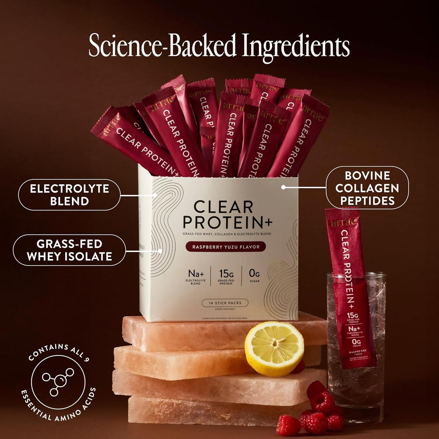 Arrae Clear Protein Powder, 15g Collagen & Whey with Electrolytes, 20 Packets