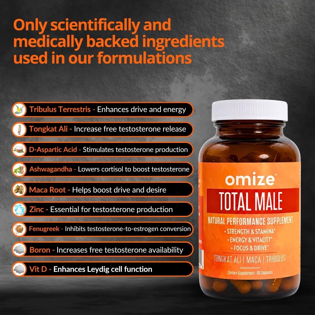 Omize Testosterone Booster for Men Total Male Premium Tongkat Ali, Ashwagandha, Maca & Tribulus 90 Capsules