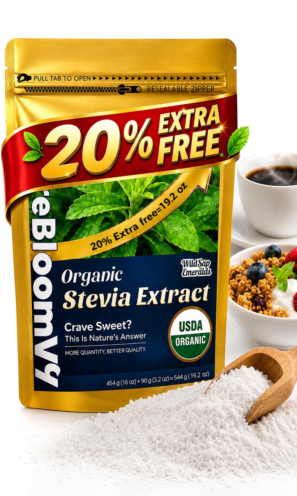 WildSap Emeralds Organic Stevia Powder 19.2 Ounce