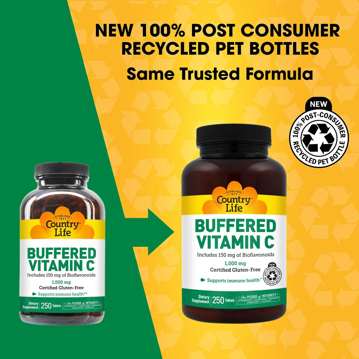 Country Life Buffered Vitamin C 1000mg with Bioflavonoids, Calcium, Magnesium, Potassium - Immune Support, Vegan Capsules, Gluten-Free, Gentle on Stomach, 250 Capsules