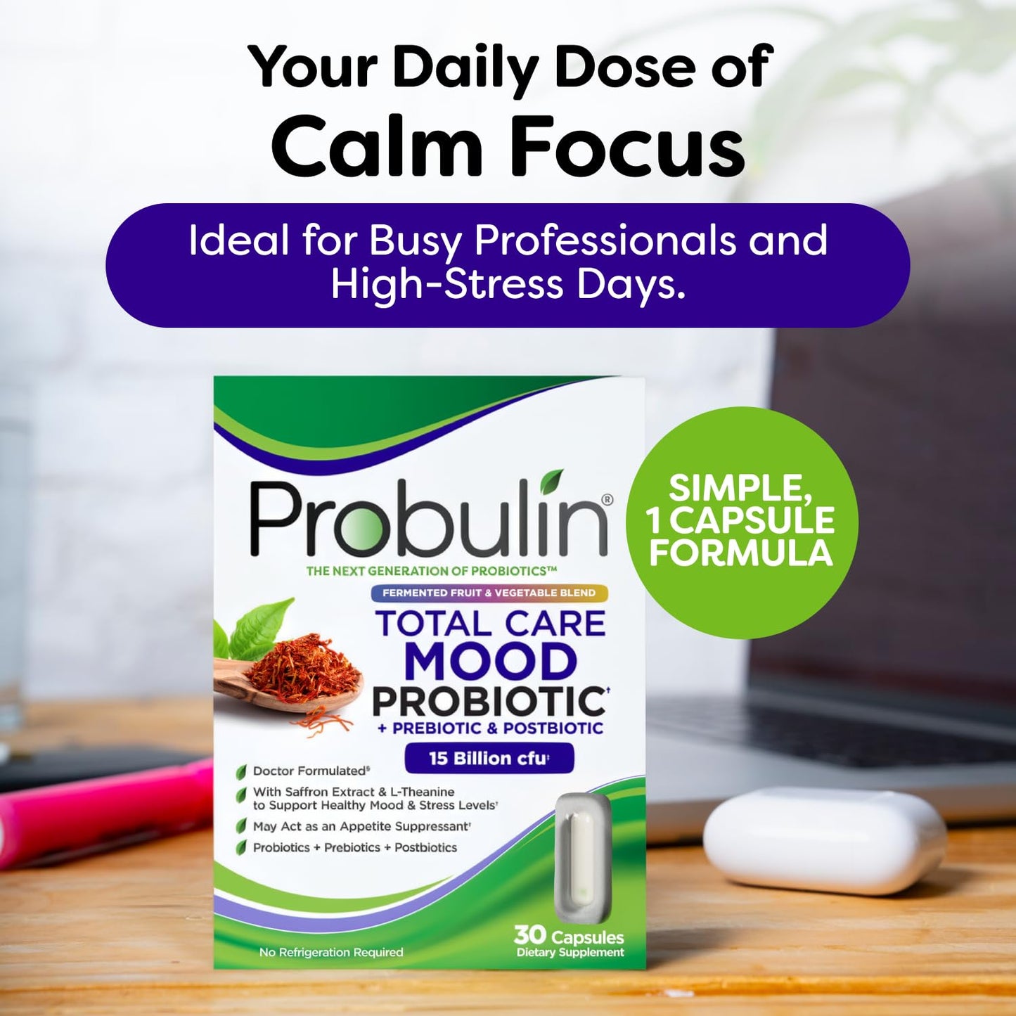 Probulin Mood Probiotics for Women with Saffron, L-Theanine, Probiotic, Prebiotic, Postbiotic Capsules, 30 Capsules