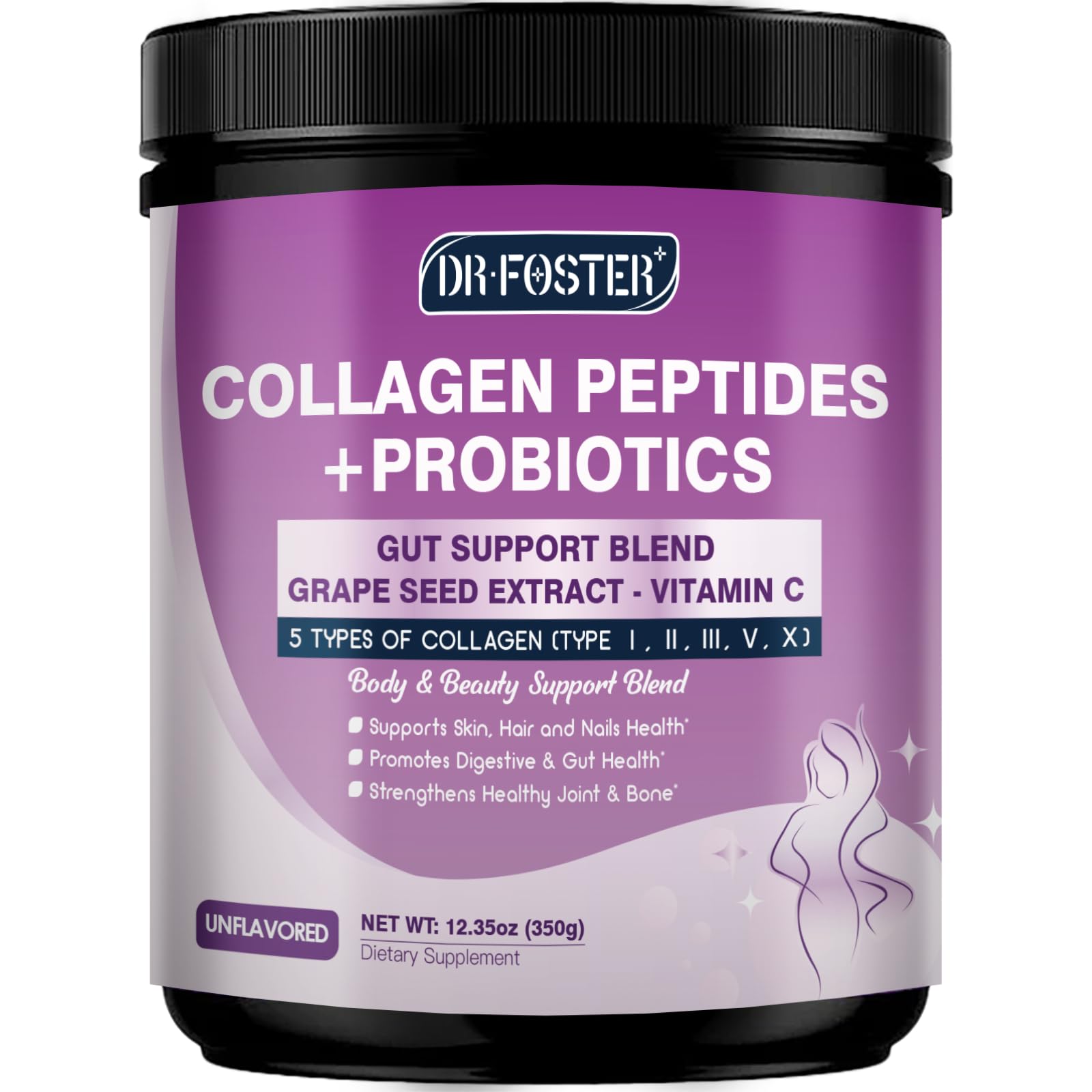 DRFOSTER Collagen Peptides Powder with Probiotics - Hydrolyzed Collagen Type I II III V X with Antioxidant Blend - Multi Collagen for Women Support Skin Hair Nail Joints & Gut, 12.35 oz