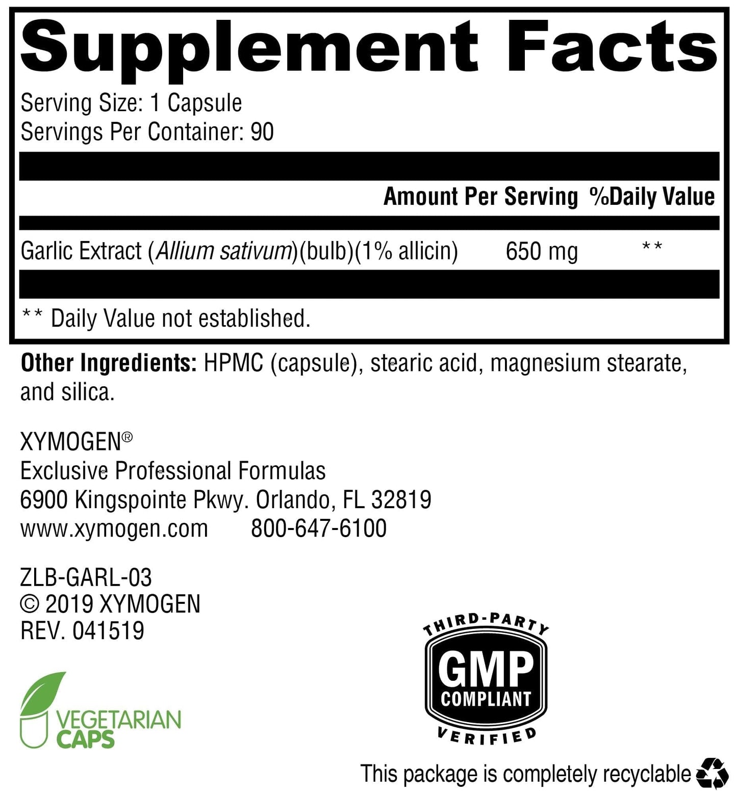XYMOGEN GarliX Concentrated Garlic Extract 90 Capsules