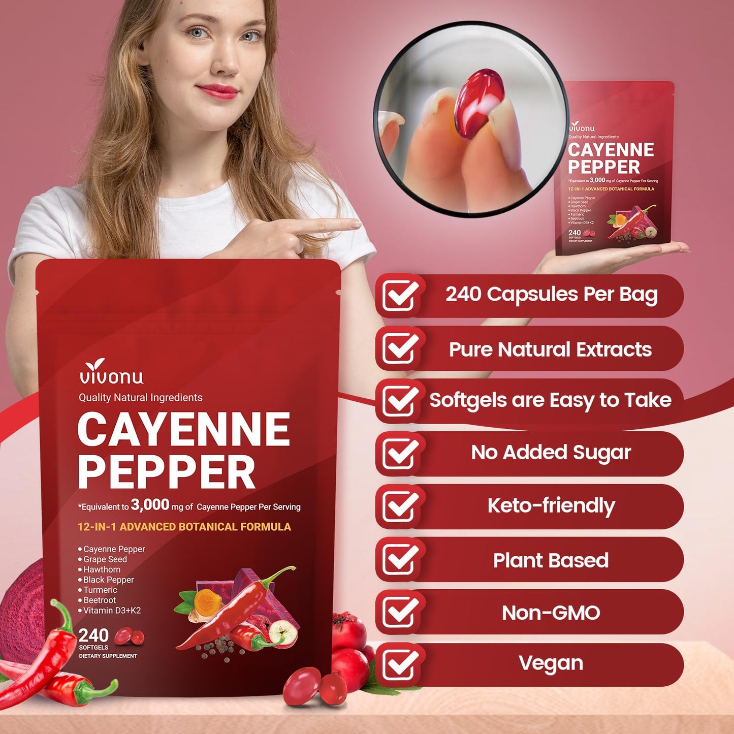VivoNu Cayenne Pepper Capsule, 240 Count