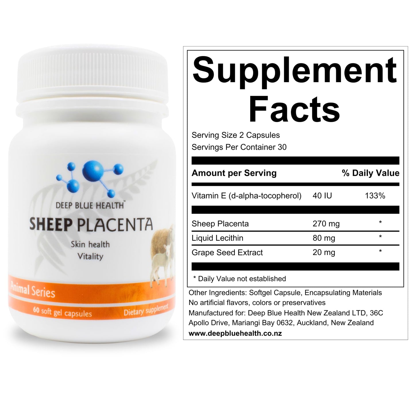 Deep Blue Health New Zealand Sheep Placenta with Grape Seed Extract and Vitamin E 13500mg x 60 Soft Gel Capsules