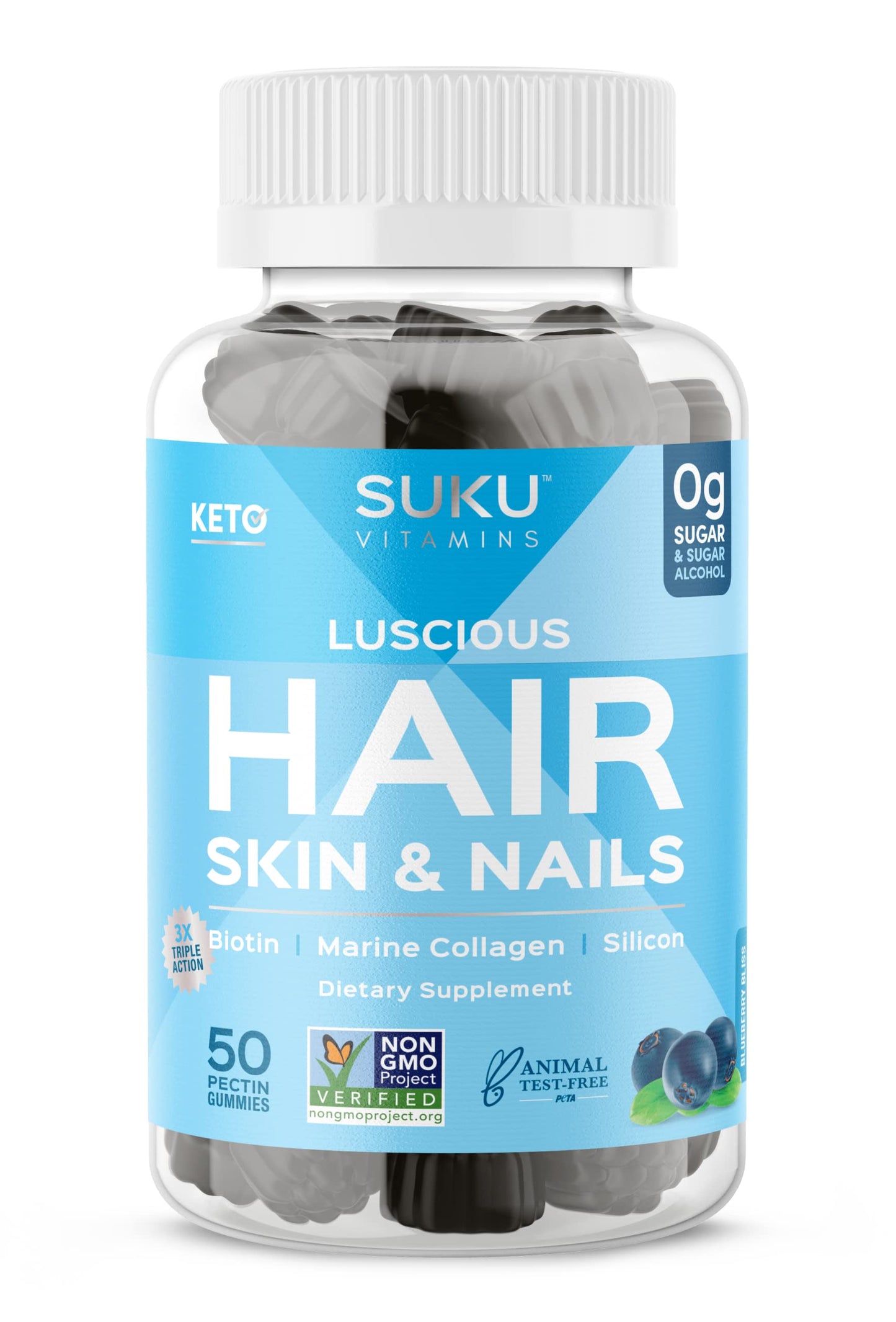 SUKU Luscious Hair Silicon Biotin and Hydrolyzed Marine Collagen Gummies for Skin, Hair & Nails - Easy to Chew - Non GMO, Gluten Sugar Free - Blueberry Flavored Gummy Vitamins, 50 Count