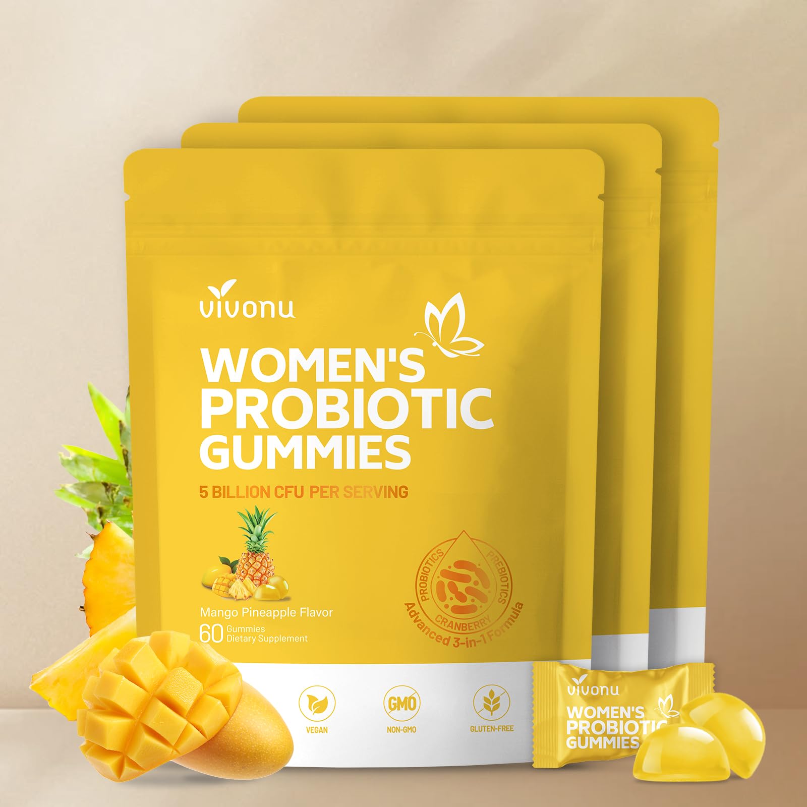 VivoNu Pineapple Probiotic Gummies for Women Gummy 180 Count