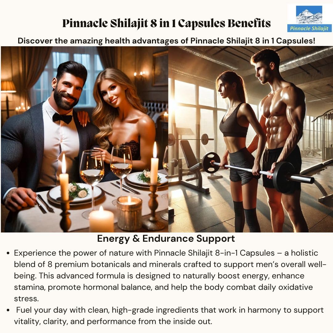 PINNACLE SHILAJIT 8-in-1 Capsules with Shilajit, Rhodiola Rosea, Ashwagandha, Ginseng, Ginkgo Biloba, Turmeric, Cordyceps Mushroom & Stinging Nettle Supports Energy, Mental Clarity & Immunity, 60 Capsules
