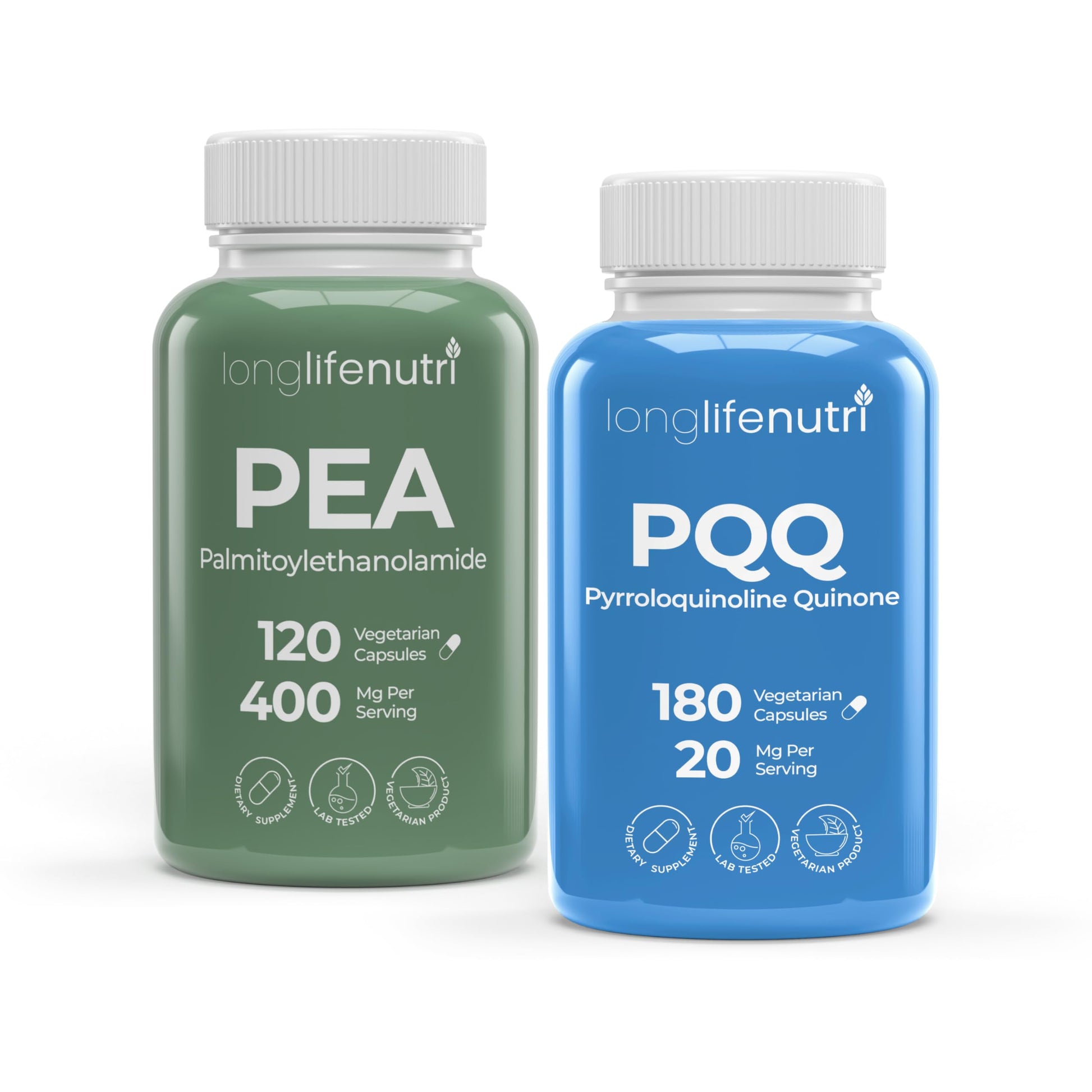 LongLifeNutri Palmitoylethanolamide (Pea) 400 mg + PQQ 20 mg Vegetarian Capsules, 300 Capsules