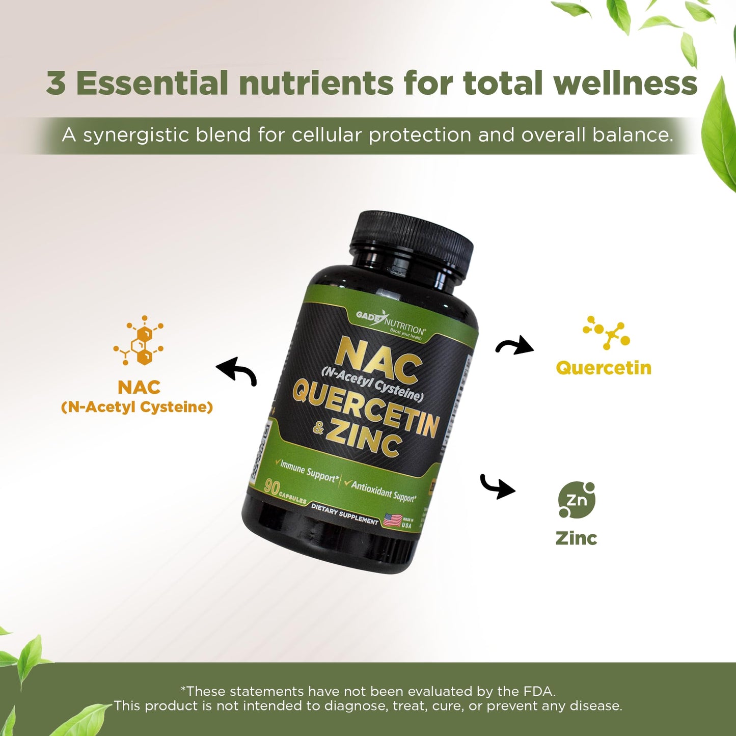 GADE NUTRITION NAC N-Acetyl Cysteine with Quercetin & Zinc Immune Support Capsule, 60 Count